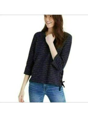 Madewell Women's Small Blue White Striped Cotton Scoop Neck 3/4 Sleeve Sweater